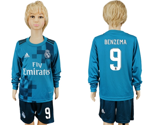 Real Madrid #9 Benzama Sec Away Long Sleeves Kid Soccer Club Jersey - Click Image to Close